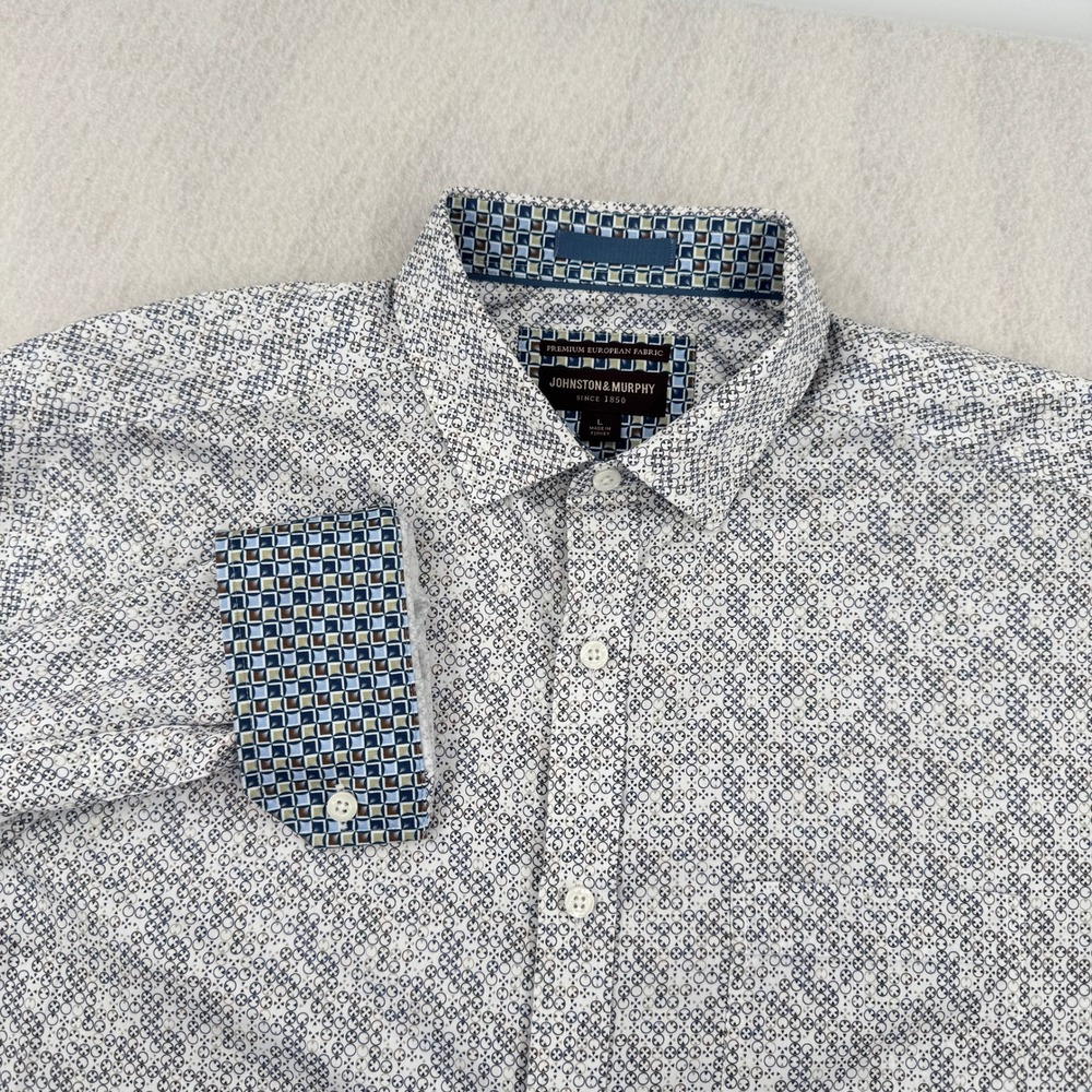 Johnston & Murphy Mens Lrg Premium European Fabric Geometric Print Button Down